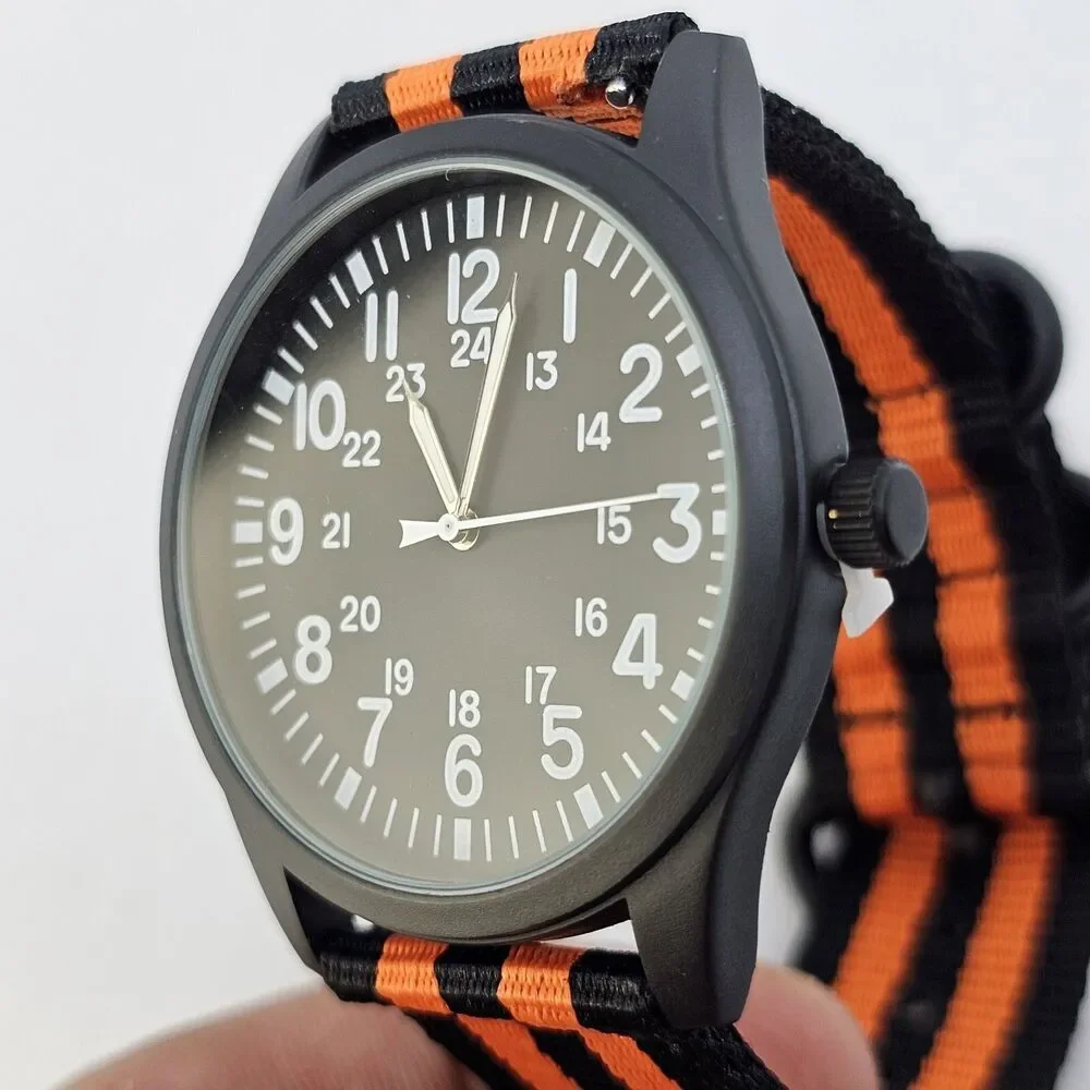 Field Military Men's Watch 42MM Black Case Dial Black‎ Orange Canvas Band Straps